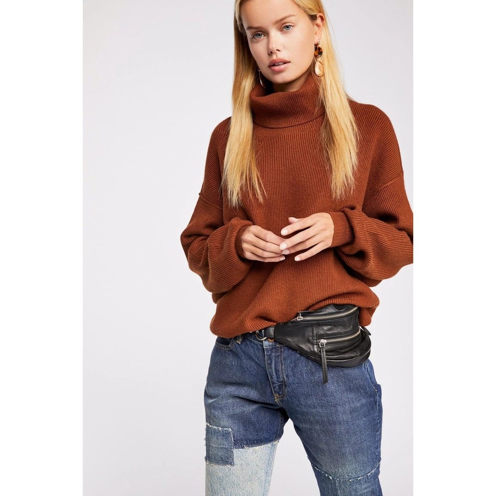 Free People Softly Structured Knit Tunic Sweater Large L Rust Oversized Ribbed
